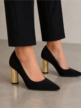 KATY PERRY Black Suede Dellilah Pointed Toe Pump with Gold Block Heel